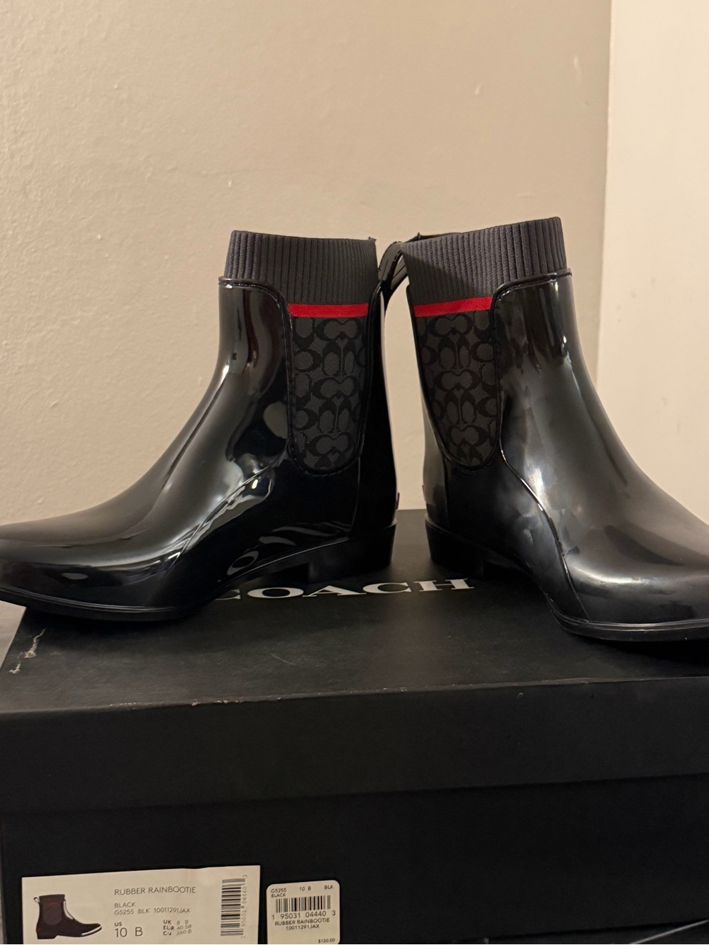 Coach Black Patent Ankle Rain Boots with Signature Knit Panel and Red Trim - Picture 5 of 7